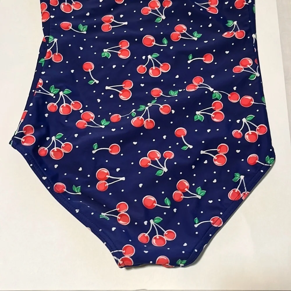 Xhilaration Girl’s Navy Blue Cherry One Piece Swimsuit Medium 7/8